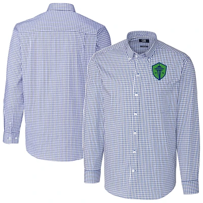 Men's Cutter & Buck Blue Seattle Sounders FC Big Tall Easy Care Stretch Gingham Long Sleeve Dress Shirt