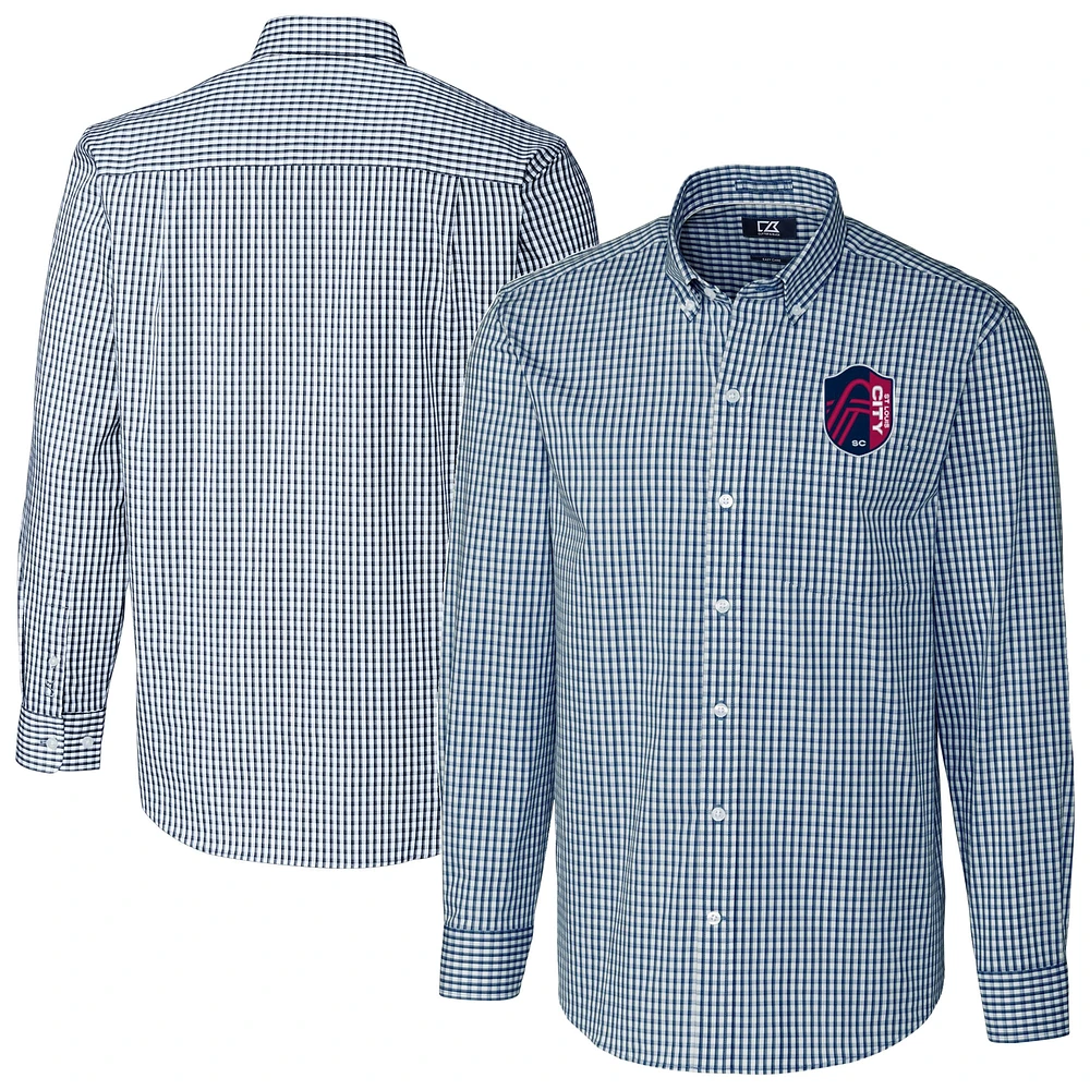 Men's Cutter & Buck Navy St. Louis City SC Big Tall Easy Care Stretch Gingham Long Sleeve Dress Shirt