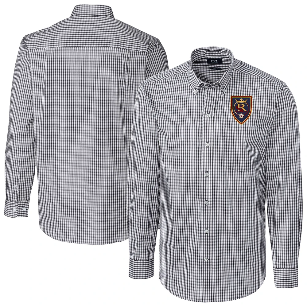 Men's Cutter & Buck Charcoal Real Salt Lake Big Tall Easy Care Stretch Gingham Long Sleeve Dress Shirt