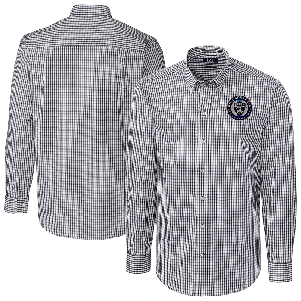 Men's Cutter & Buck Charcoal Philadelphia Union Big Tall Easy Care Stretch Gingham Long Sleeve Dress Shirt