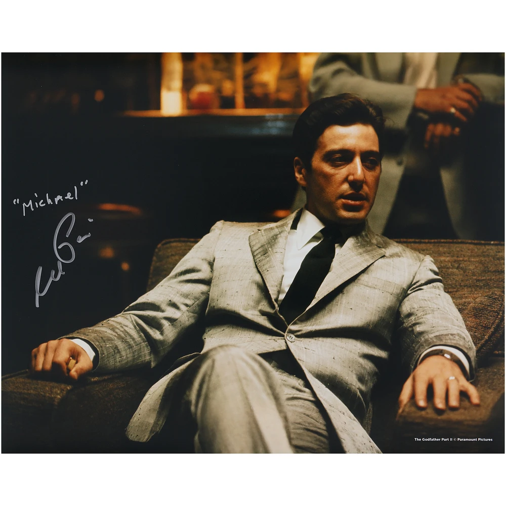 Al Pacino The Godfather Autographed 16" x 20" Sitting In Silver Suit Photograph with "Michael" Inscription
