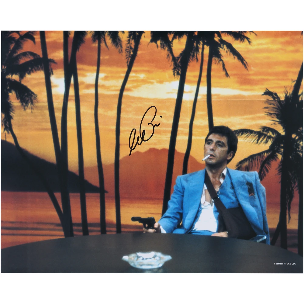 Al Pacino Scarface Autographed 16" x 20" Sitting At Desk In Blue Jacket Photograph