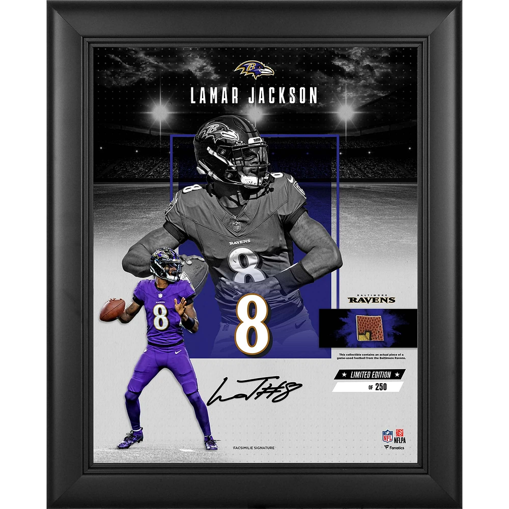 Lamar Jackson Baltimore Ravens Facsimile Signature Framed 11" x 14" Impact Collage with a Piece of Game-Used Football - Limited Edition of 250