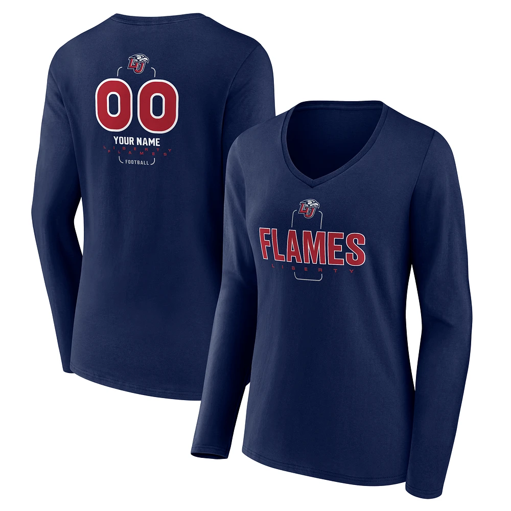 Women's Navy Liberty Flames Personalized Name & Number Midfielder Long Sleeve V-Neck T-Shirt