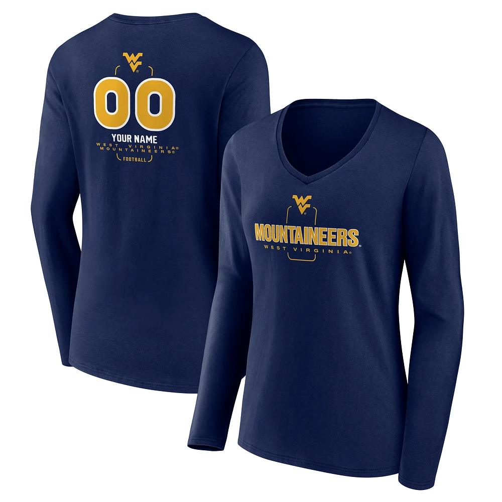 Women's Navy West Virginia Mountaineers Personalized Name & Number Midfielder Long Sleeve V-Neck T-Shirt
