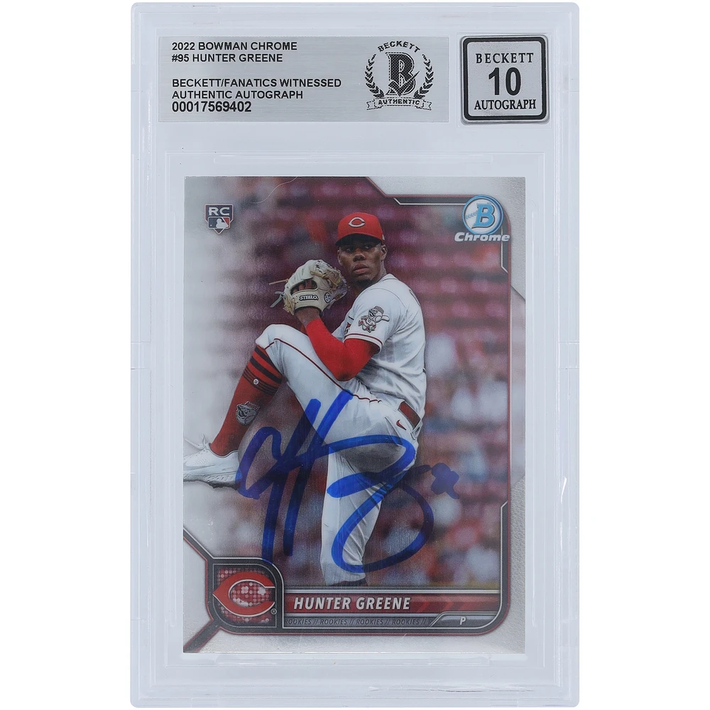 Hunter Greene Cincinnati Reds Autographed 2022 Bowman Chrome #95 Beckett Fanatics Witnessed Authenticated 10 Rookie Card