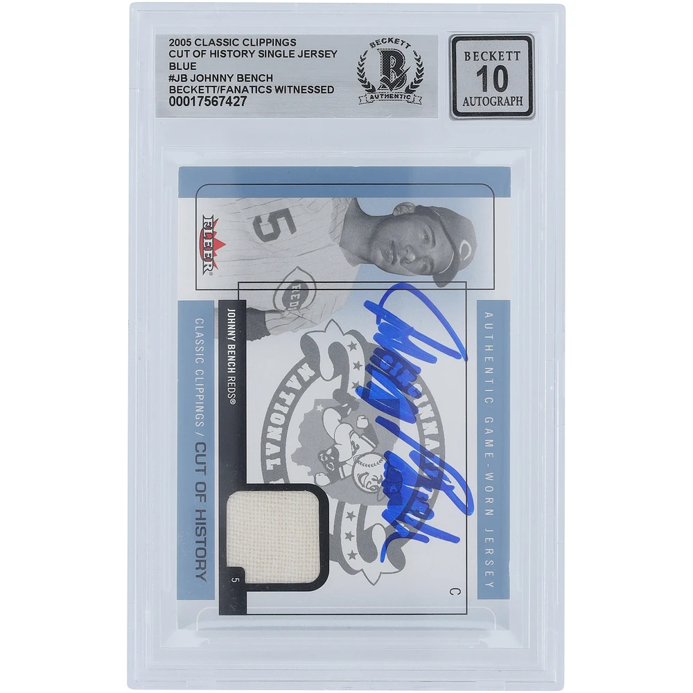 Johnny Bench Cincinnati Reds Autographed 2005 Fleer Classic Clippings Cut Of History Jersey Relic #CH-JB Beckett Fanatics Witnessed Authenticated 10 Card