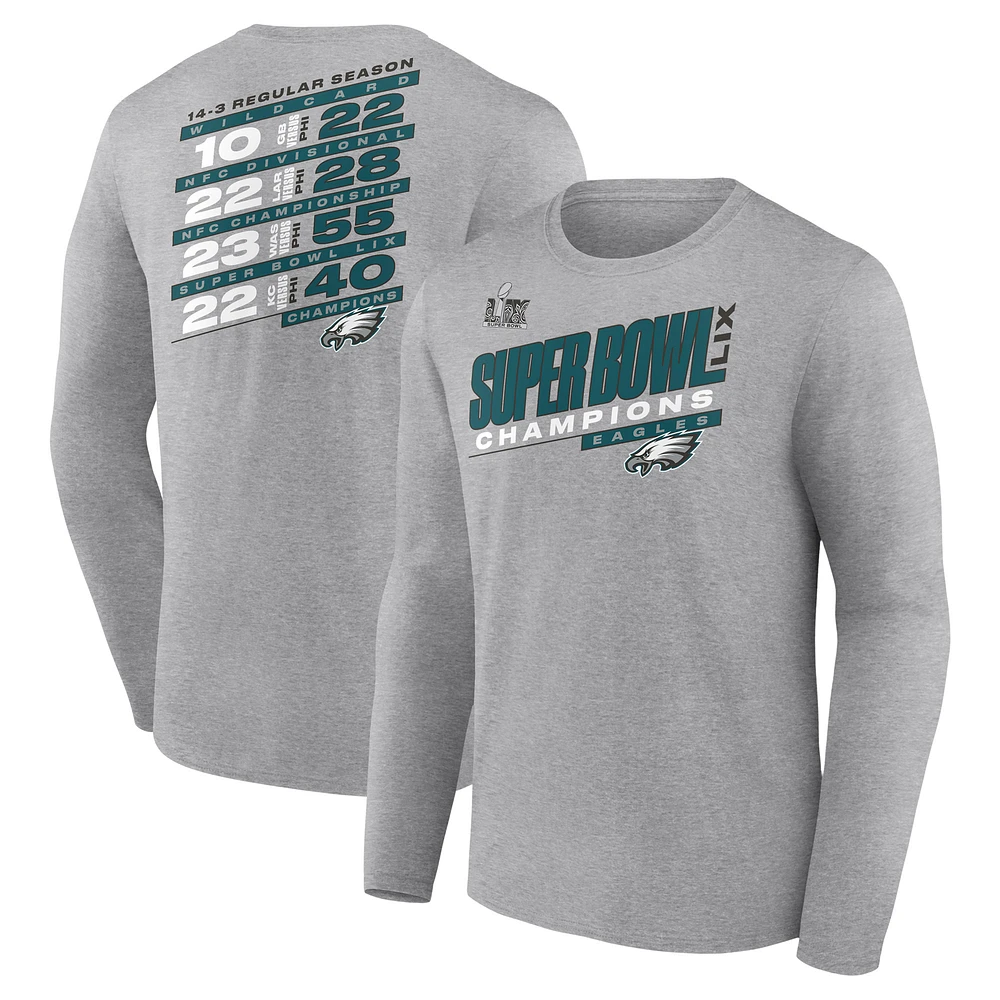 Men's Fanatics Heather Gray Philadelphia Eagles Super Bowl LIX Champions Counting Points Score Long Sleeve T-Shirt