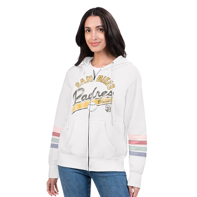 Women's G-III 4Her by Carl Banks White San Diego Padres Naamah Sleeve Stripe Fleece Full-Zip Hoodie