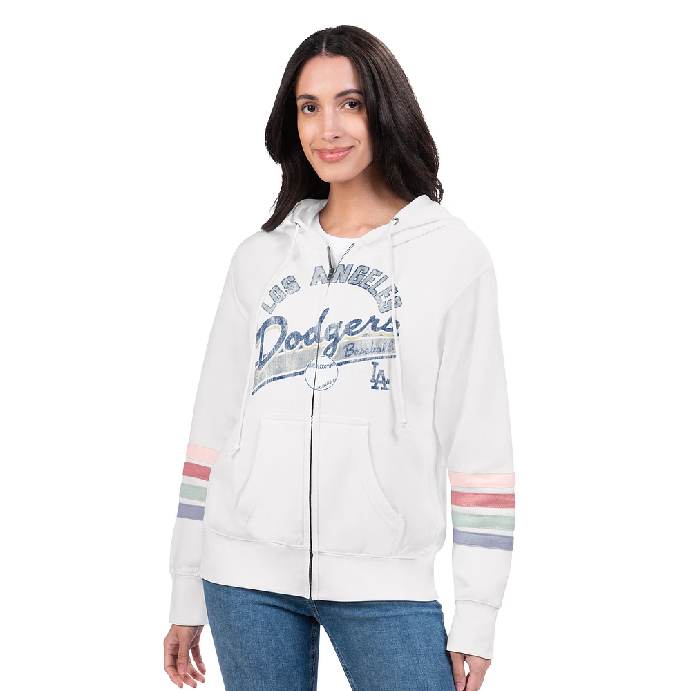 Women's G-III 4Her by Carl Banks White Los Angeles Dodgers Naamah Sleeve Stripe Fleece Full-Zip Hoodie