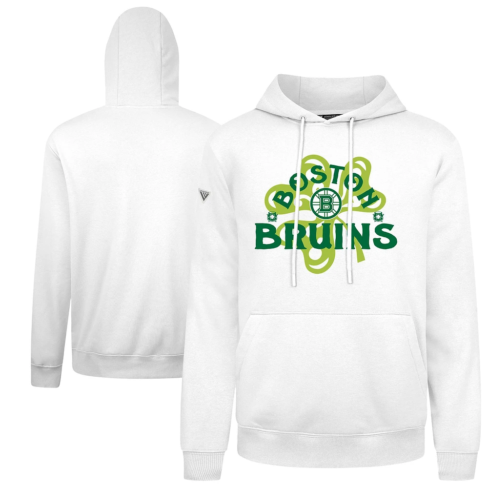 Men's Levelwear White Boston Bruins St. Patrick's Day Podium Shamrock Pullover Hoodie