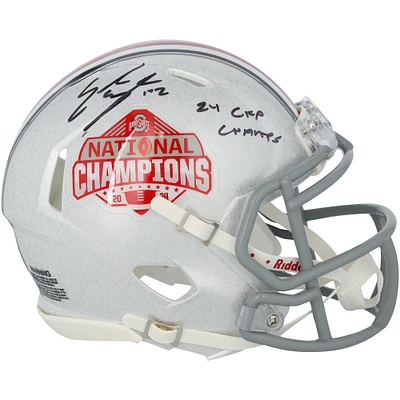 Emeka Egbuka Ohio State Buckeyes Autographed 2024 College Football Playoff National Champions Logo Riddell Speed Mini Helmet with "24 CFP Champs" Inscription