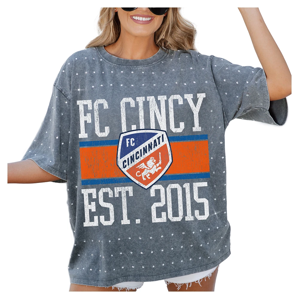 Women's Gameday Couture Gray FC Cincinnati Oversized Mini Rhinestone Classic T-Shirt