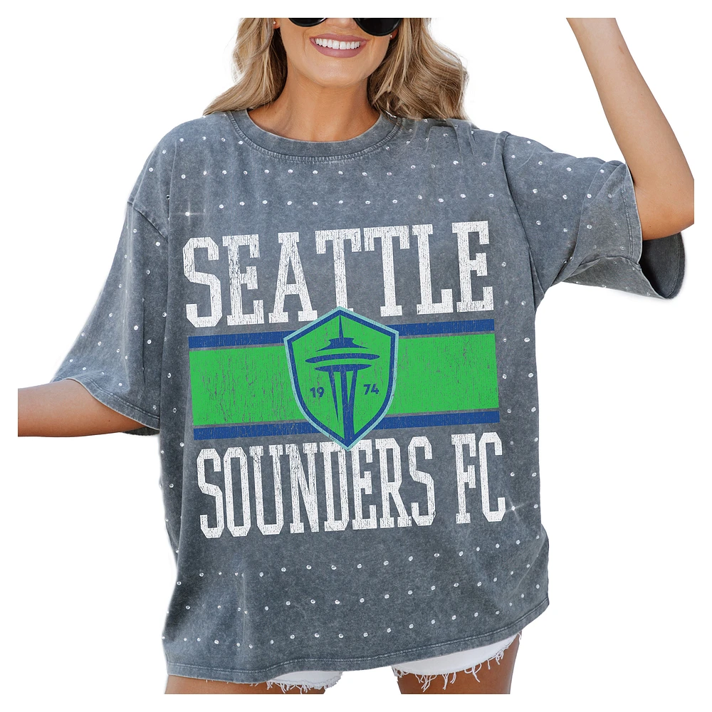 Women's Gameday Couture Gray Seattle Sounders FC Oversized Mini Rhinestone Classic T-Shirt