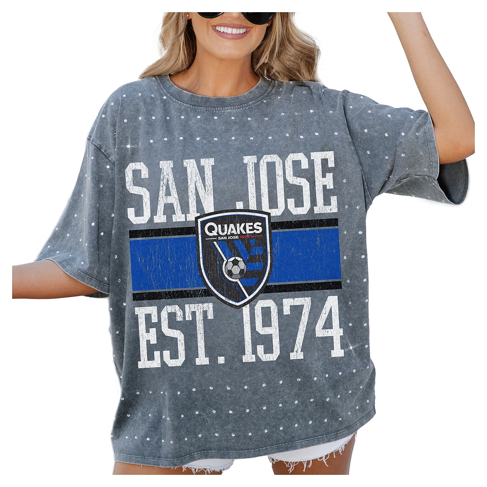 Women's Gameday Couture Gray San Jose Earthquakes Oversized Mini Rhinestone Classic T-Shirt