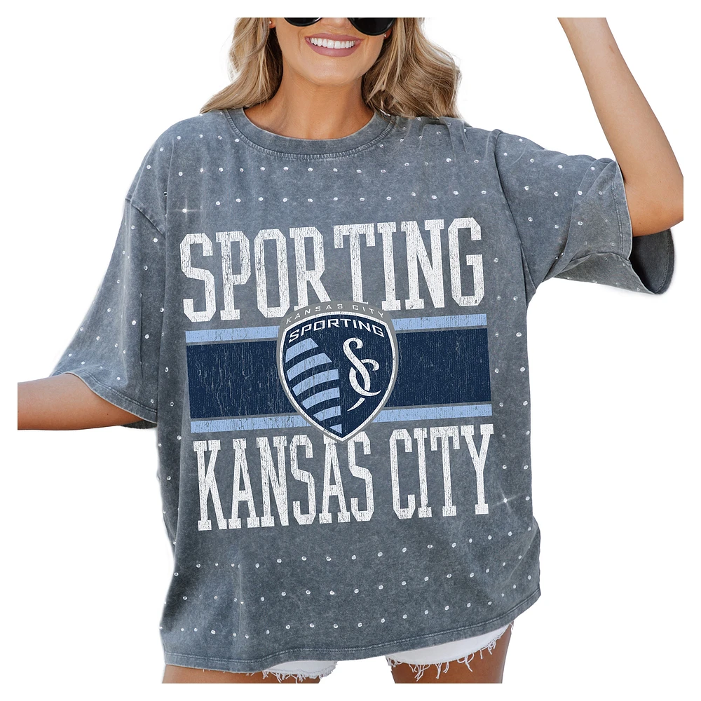 Women's Gameday Couture Gray Sporting Kansas City Oversized Mini Rhinestone Classic T-Shirt