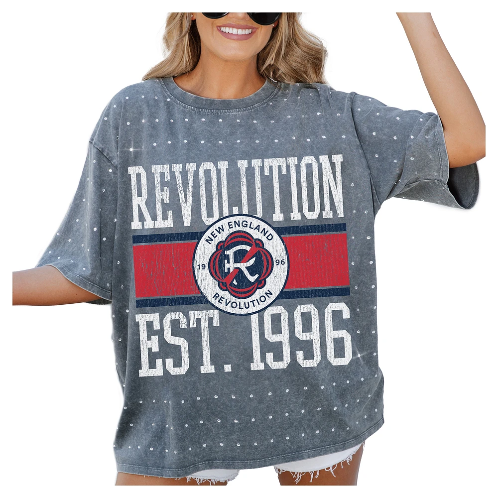 Women's Gameday Couture Gray New England Revolution Oversized Mini Rhinestone Classic T-Shirt