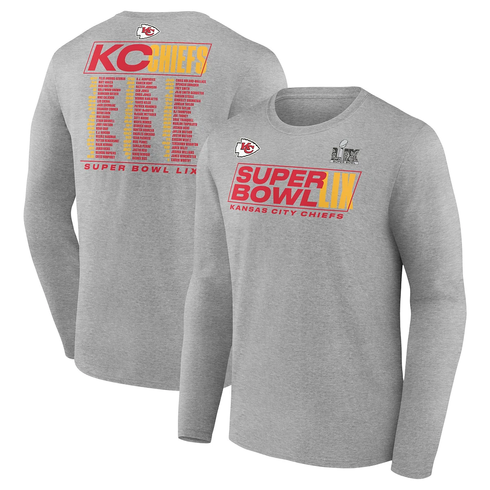 Men's Fanatics Heather Gray Kansas City Chiefs Super Bowl LIX Big & Tall Roster Long Sleeve T-Shirt