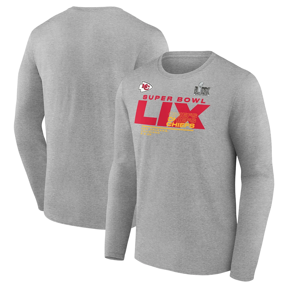 Men's Fanatics Heather Gray Kansas City Chiefs Super Bowl LIX Big & Tall Quick Pass Long Sleeve T-Shirt
