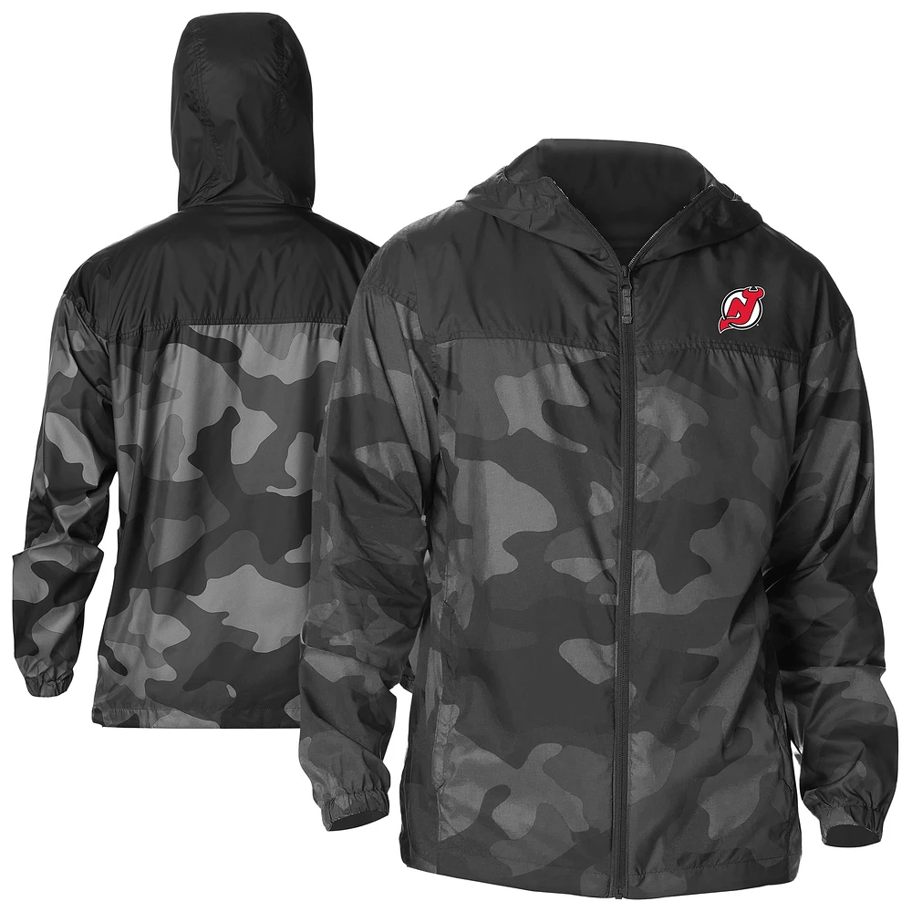 Men's Columbia Black New Jersey Devils Camo Flash Challenger Omni-Shade Full-Zip Hoodie Windbreaker