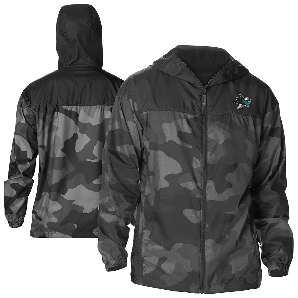 Men's Columbia Black San Jose Sharks Camo Flash Challenger Omni-Shade Full-Zip Hoodie Windbreaker