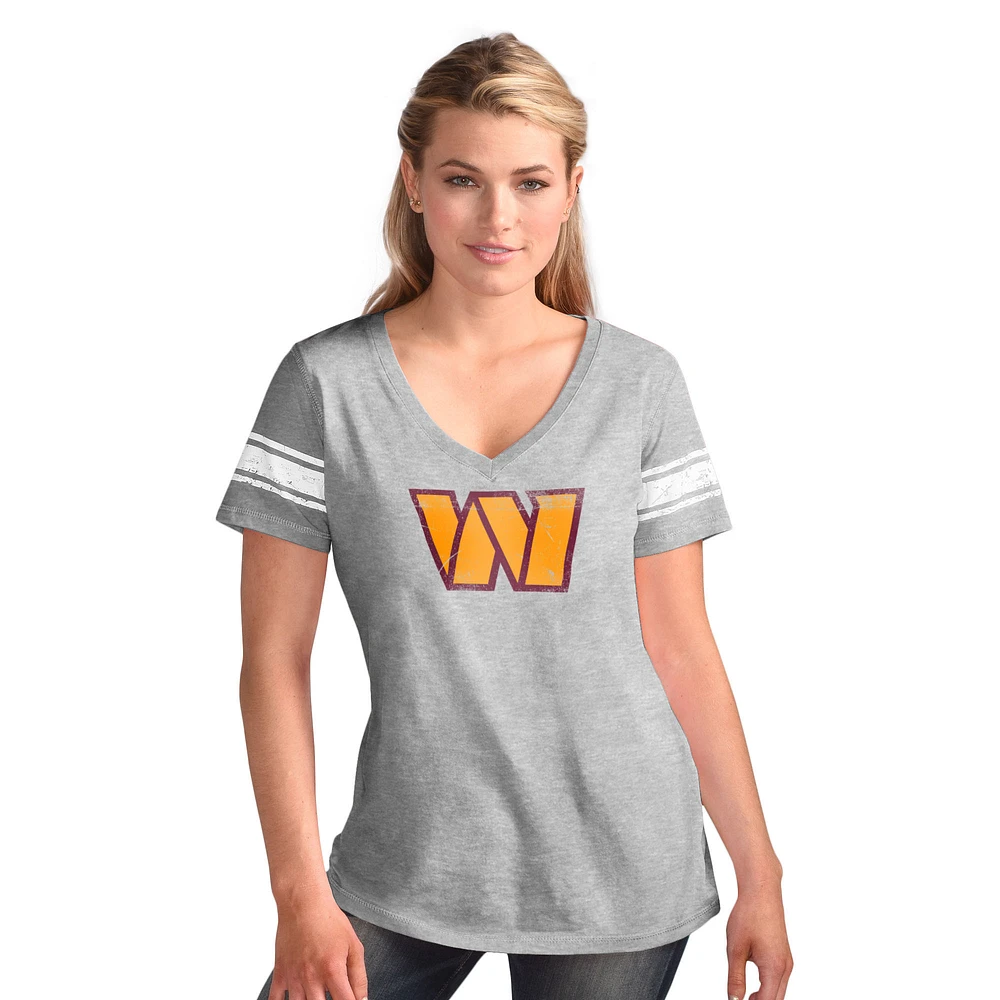 Women's G-III 4Her by Carl Banks Heather Gray Washington Commanders First Pick Distressed V-Neck T-Shirt
