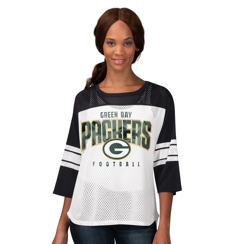 Women's G-III 4Her by Carl Banks Black Green Bay Packers First Team 3/4-Sleeve Mesh T-Shirt