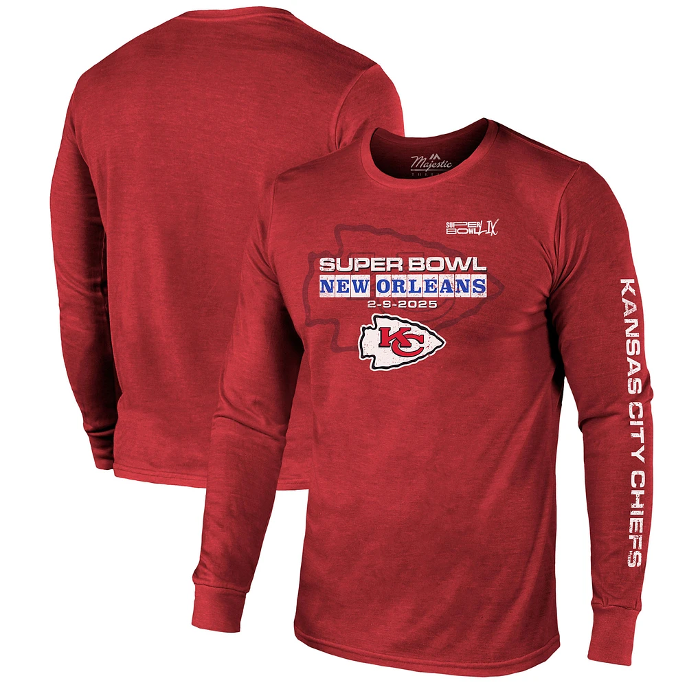 Men's Majestic Threads Red Kansas City Chiefs Super Bowl LIX Tri-Blend Long Sleeve T-Shirt
