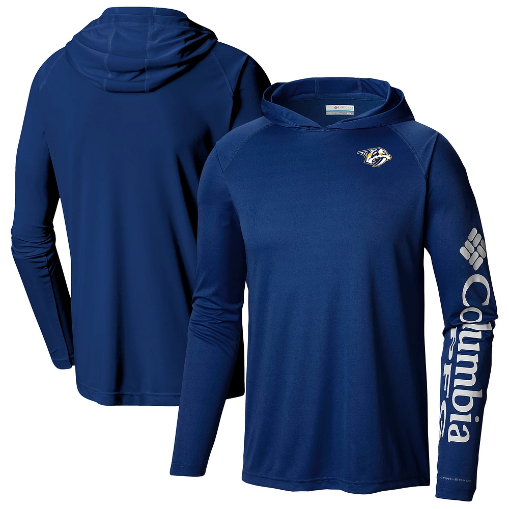 Men's Columbia Navy Nashville Predators Terminal Tackle Omni-Shade Raglan Pullover Hoodie