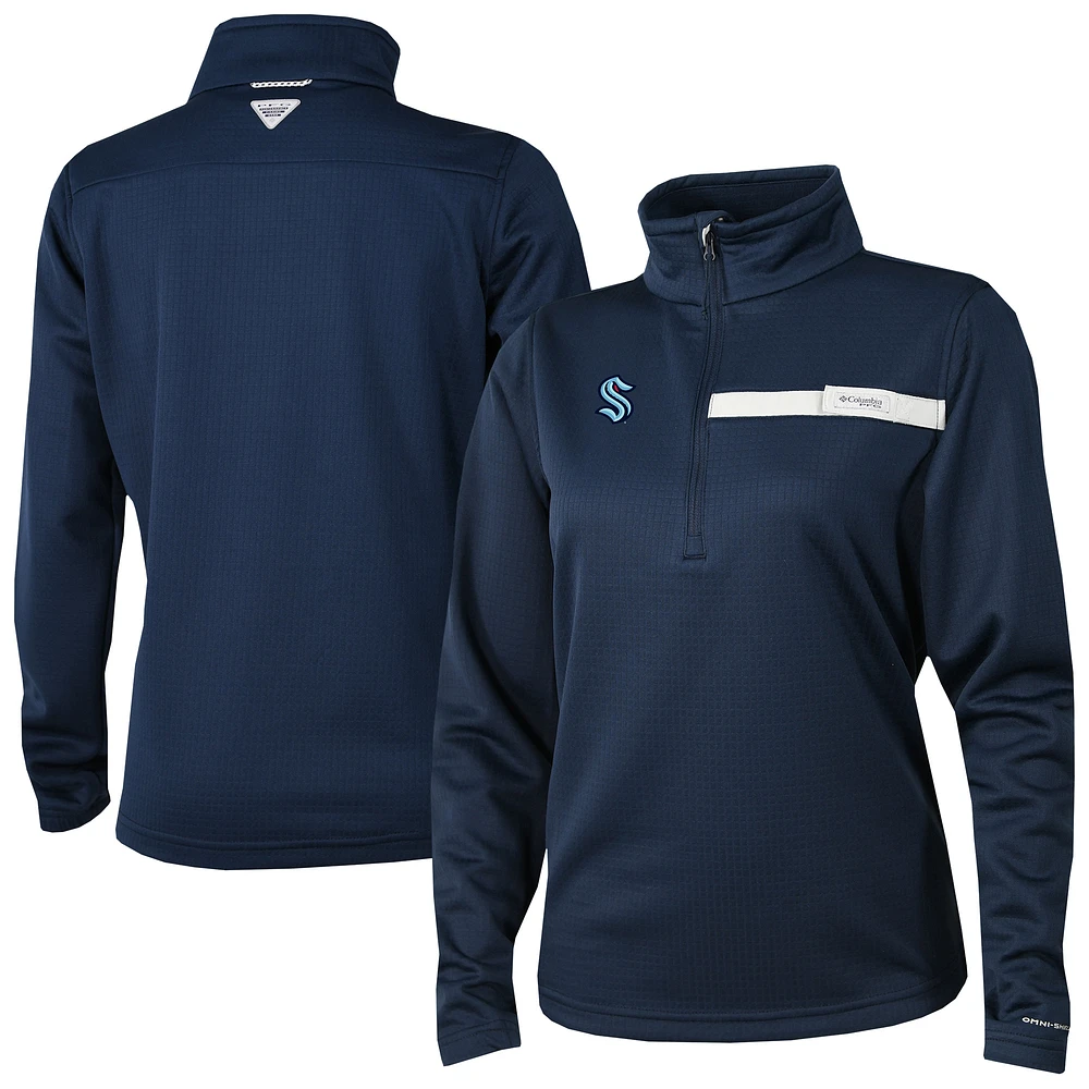 Women's Columbia Navy Seattle Kraken Skiff Guide Fleece Omni-Shade Quarter-Zip Jacket
