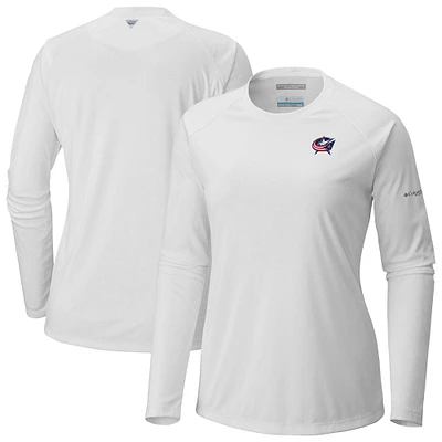 Women's Columbia White Columbus Blue Jackets Omni-Shade Tidal Tee II Raglan Long Sleeve T-Shirt