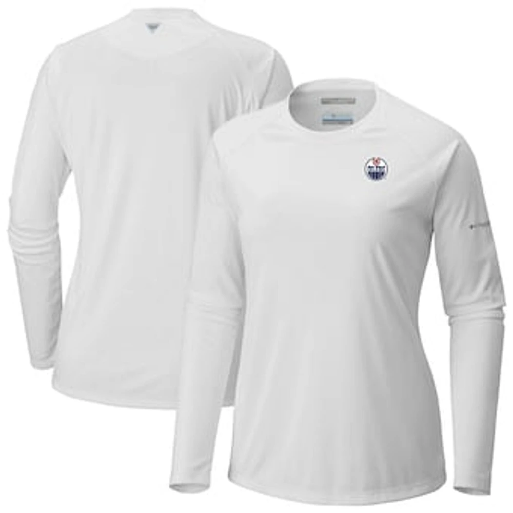 Women's Columbia White Edmonton Oilers Omni-Shade Tidal Tee II Raglan Long Sleeve T-Shirt