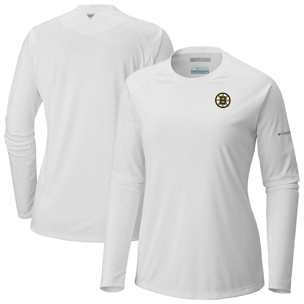 Women's Columbia White Boston Bruins Omni-Shade Tidal Tee II Raglan Long Sleeve T-Shirt