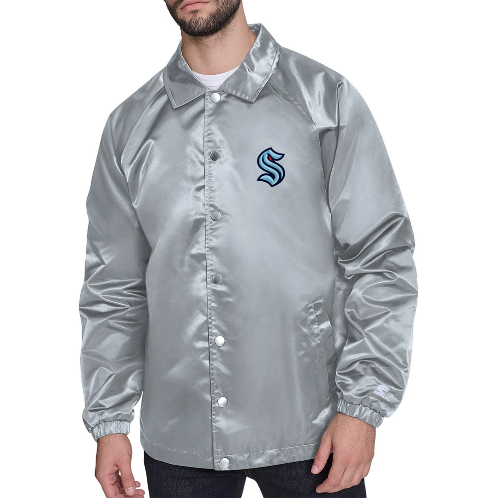 Men's Starter Gray Seattle Kraken Retro Logo Raglan Coaches Full-Snap Jacket