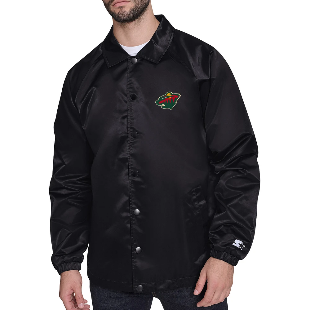 Men's Starter Black Minnesota Wild Retro Logo Raglan Coaches Full-Snap Jacket