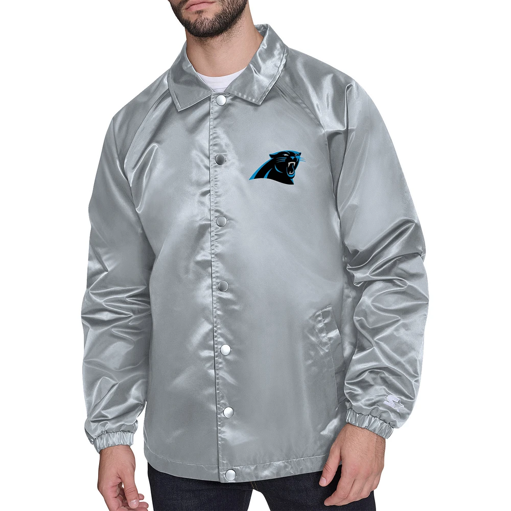 Men's Starter Gray Carolina Panthers Retro Logo Raglan Coaches Full-Snap Jacket