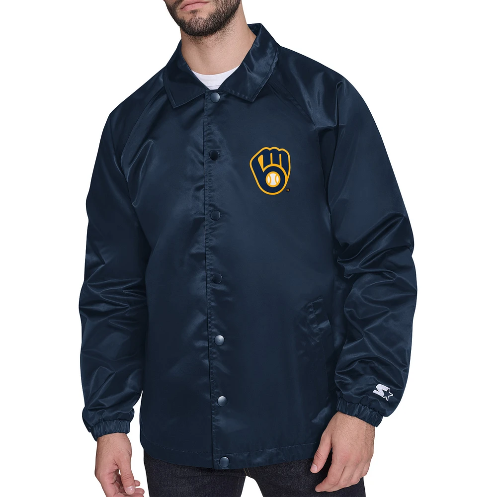 Men's Starter Navy Milwaukee Brewers Retro Logo Raglan Coaches Full-Snap Jacket
