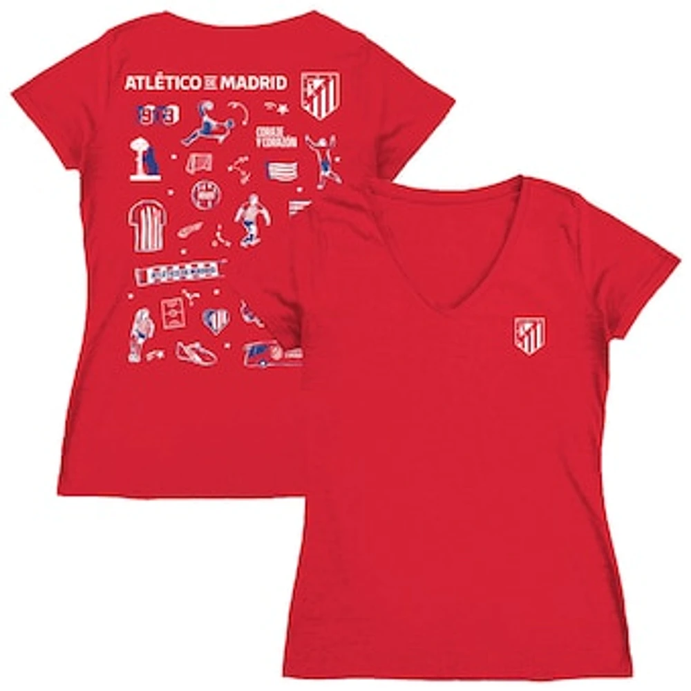 Women's Vive La Fete Red Atletico de Madrid Impressions Artwork V-Neck Fitted T-Shirt