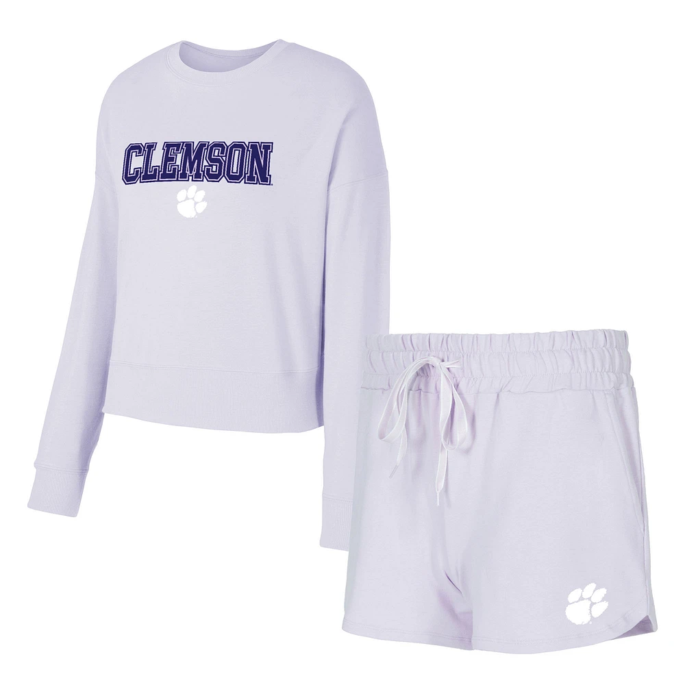 Women's Concepts Sport Light Purple Clemson Tigers Elevation Tri-Blend Long Sleeve Top & Short Set