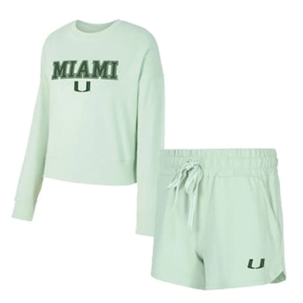 Women's Concepts Sport Light Green Miami Hurricanes Elevation Tri-Blend Long Sleeve Top & Short Set