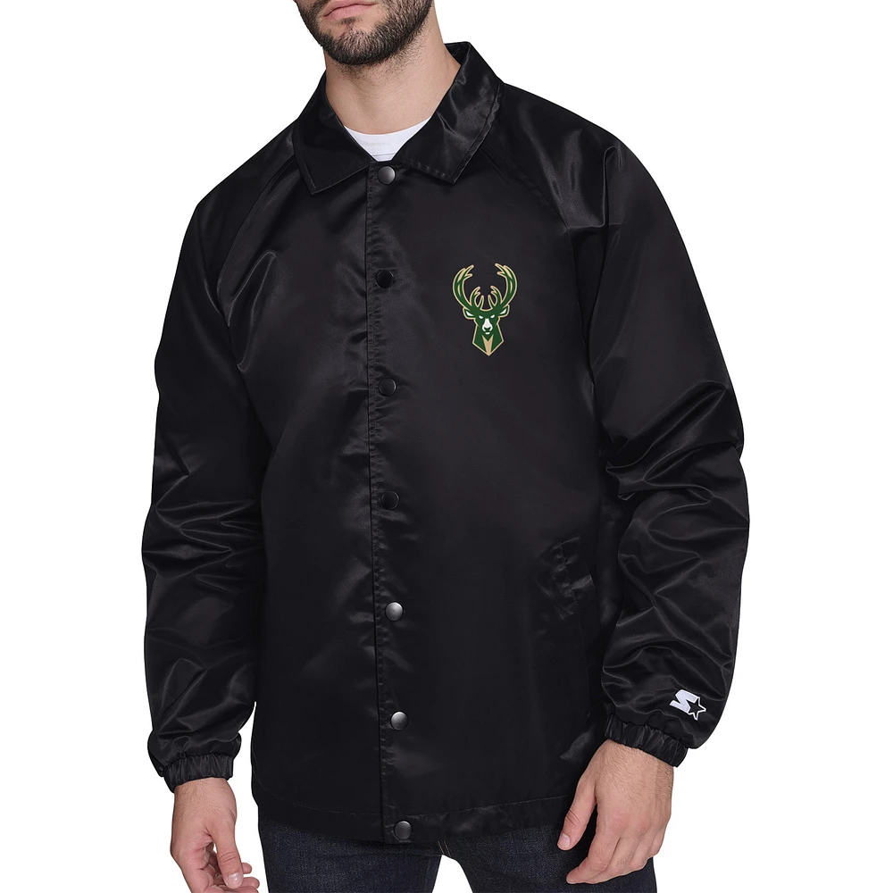 Men's Starter Black Milwaukee Bucks Retro Logo Raglan Coaches Full-Snap Jacket