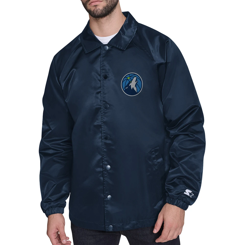 Men's Starter Navy Minnesota Timberwolves Retro Logo Raglan Coaches Full-Snap Jacket