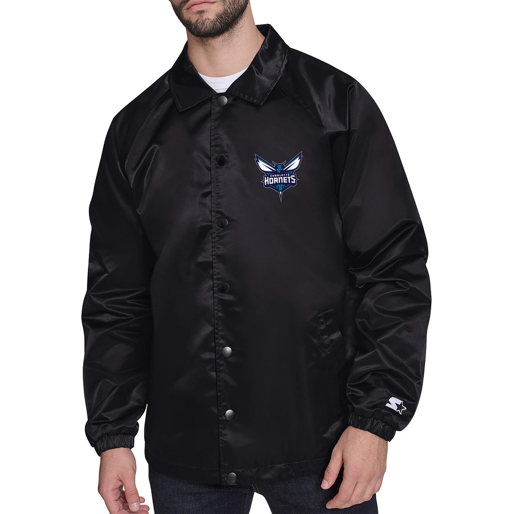 Men's Starter Black Charlotte Hornets Retro Logo Raglan Coaches Full-Snap Jacket
