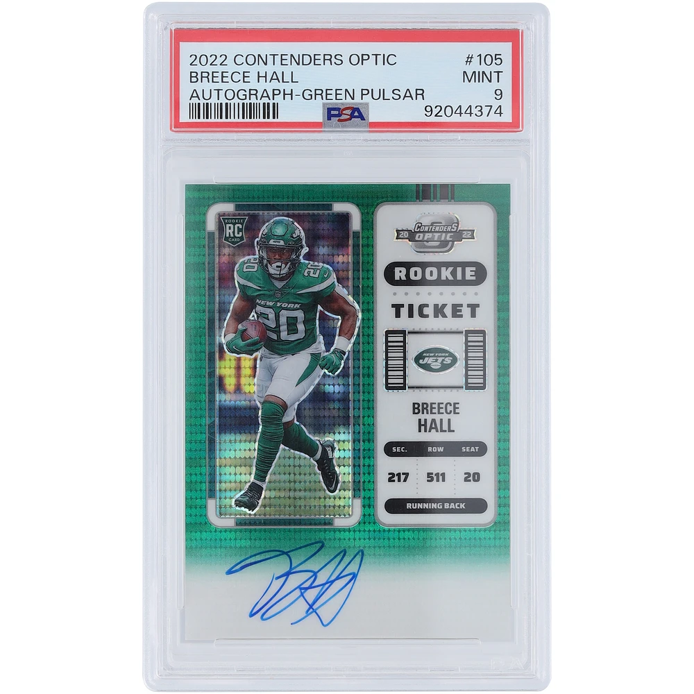 Breece Hall New York Jets Autographed 2022 Panini Contenders Optic Green Pulsar Prizm #105 #2/30 PSA Authenticated 9 Rookie Card