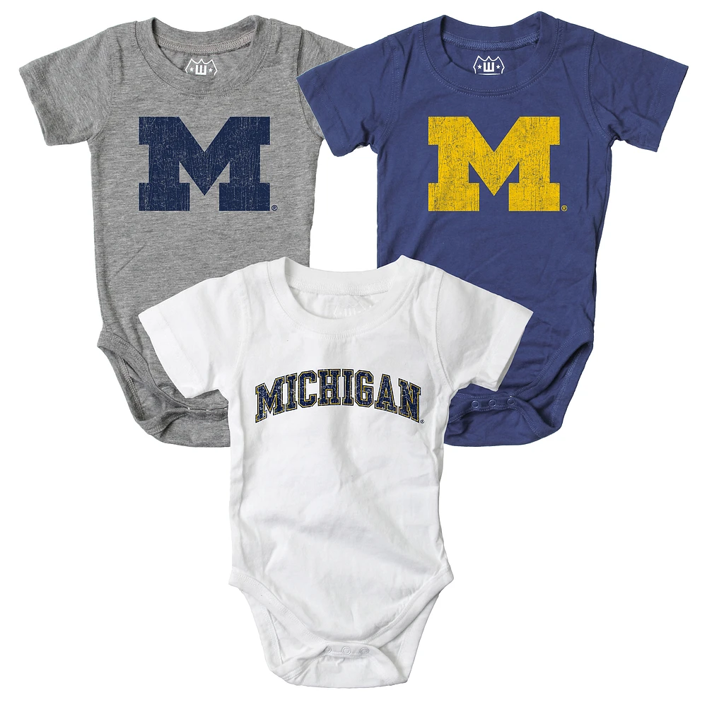 Infant Wes & Willy Navy/White/Heather Gray Michigan Wolverines Three-Pack Bodysuit Set
