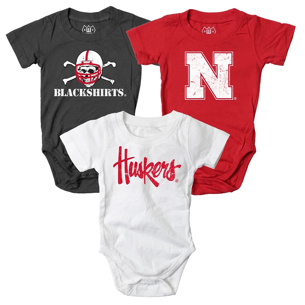 Infant Wes & Willy Scarlet/White/Charcoal Nebraska Huskers Three-Pack Bodysuit Set