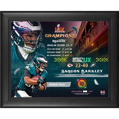 Saquon Barkley Philadelphia Eagles Super Bowl LIX Champions Framed 13" x 16" Collage with a Piece of Game-Used Football - Limited Edition of 500