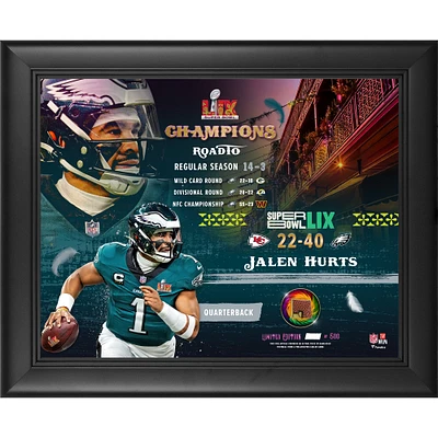 Jalen Hurts Philadelphia Eagles Super Bowl LIX Champions Framed 13" x 16" Collage with a Piece of Game-Used Football - Limited Edition of 500