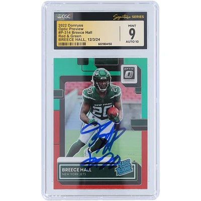 Breece Hall New York Jets Autographed 2022 Panini Donruss Red & Green Optic Preview #P-314 CGC Fanatics Witnessed Authenticated 9/10 Rookie Card