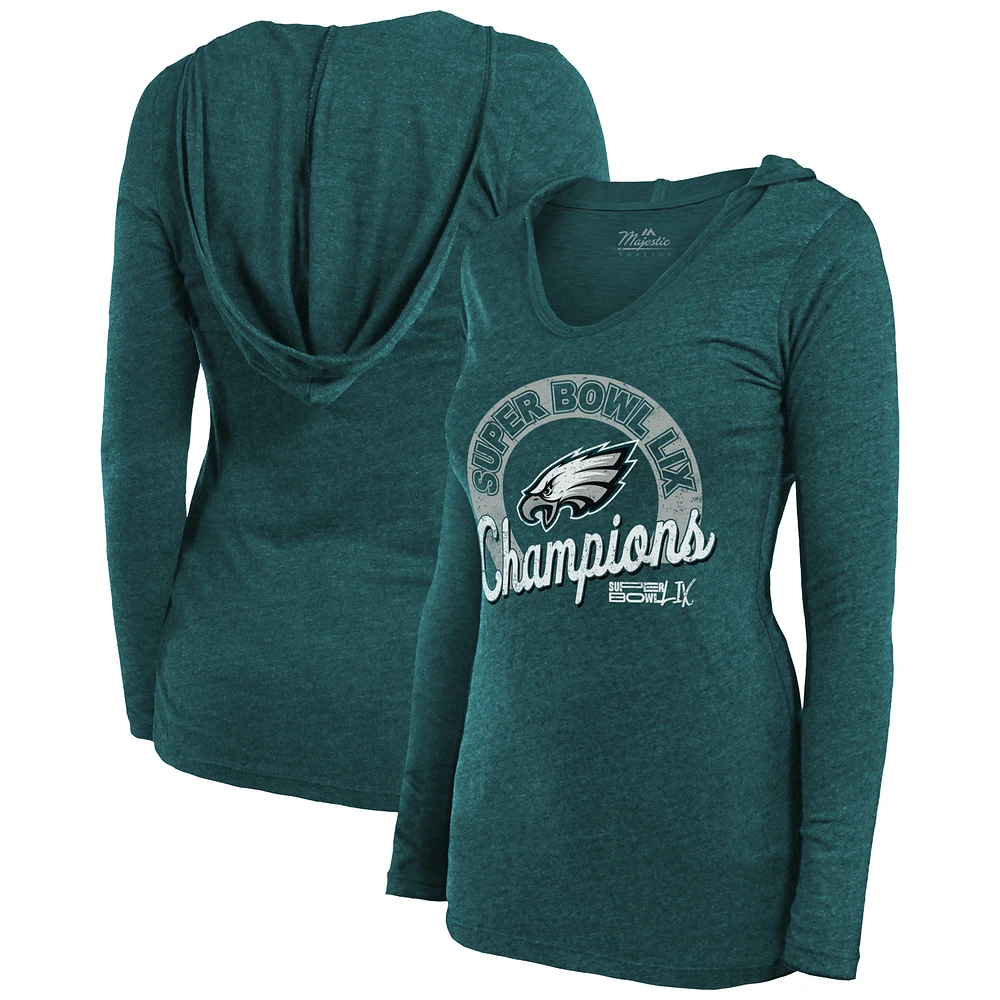 Women's Majestic Threads Midnight Green Philadelphia Eagles Super Bowl LIX Champions Hail Mary Tri-Blend V-Neck Long Sleeve Hoodie T-Shirt